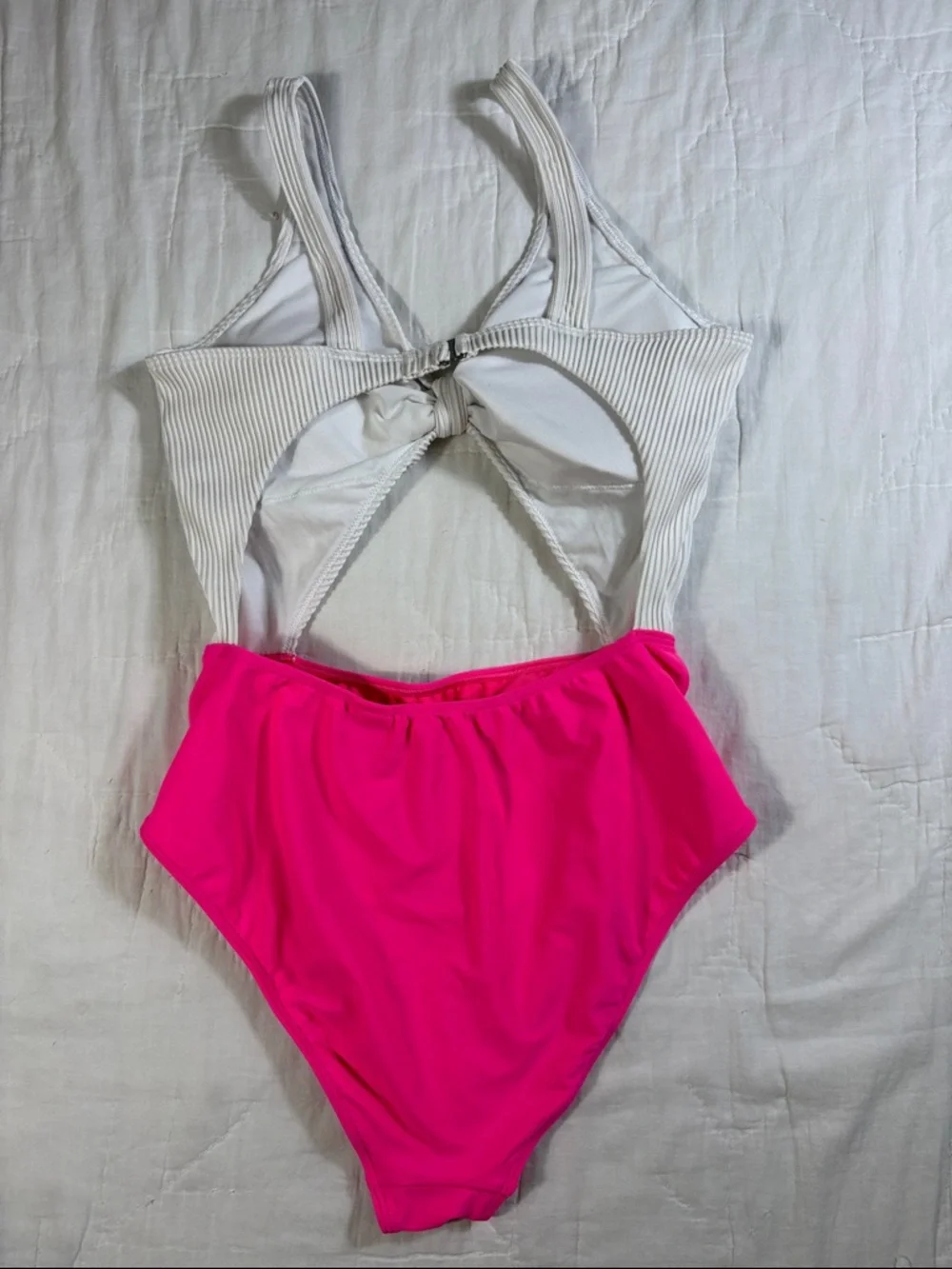 Hollister Swim Womens Ribbed Cutout Monokini Neon Pink White Large 311363171